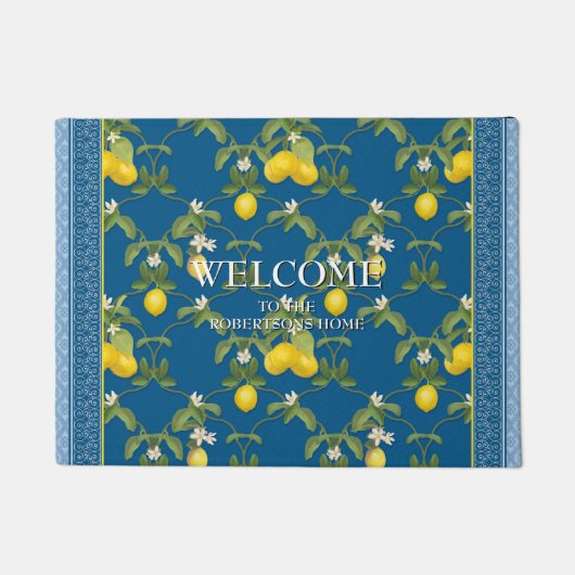 歓迎されたパーソナライズな家族レモン花の格子垣 ドアマット (正面)