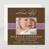 歓迎されたベビー! 紫色のリボンの誕生の発表 案内状 (正面/裏面)