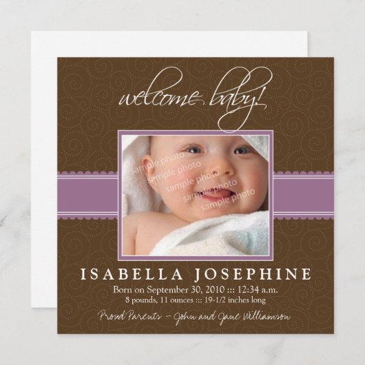 歓迎されたベビー! 紫色のリボンの誕生の発表 案内状 (正面/裏面)