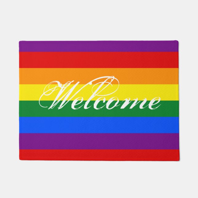 歓迎された文字が付いているカラフルな虹の旗のドア・マット ドアマット (正面)