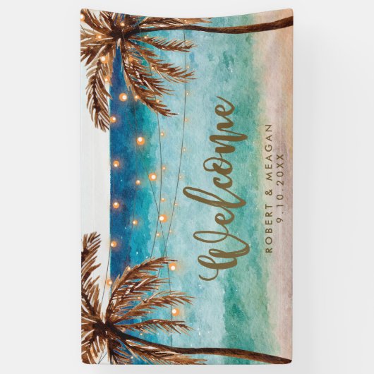 歓迎された旗を結婚する熱帯ビーチのヤシの木 横断幕 (縦)