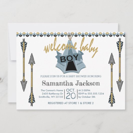 歓迎された男の赤ちゃん-テント小屋および矢 招待状 (正面)