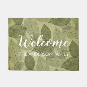歓迎された秋の秋の緑ホイルの葉 ドアマット