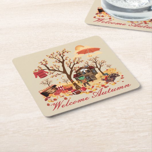 歓迎された秋の秋の要素および景色 スクエアペーパーコースター (アングル)