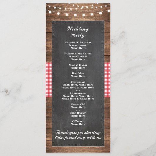 歓迎された赤い点検の素朴なチョークの結婚式プログラム プログラム (裏面)