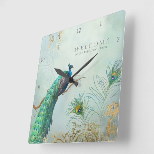 歓迎される客のファミリー・ルームの孔雀nは芸術に羽をつけます スクエア壁時計 (傾斜)