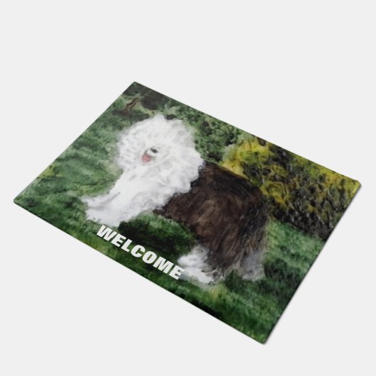 歓迎する古い英国の牧羊犬の芸術! ドアマット (アングル)