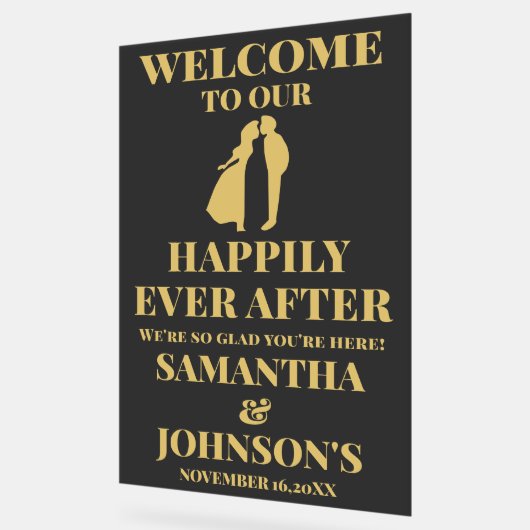 歓迎の後ずっと白黒金ゴールドが楽し結婚く アクリルサイン (傾斜)