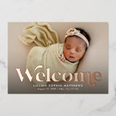 歓迎はっきりしたバラ金ゴールド写真の誕生のお知らせ 箔招待状 (正面)