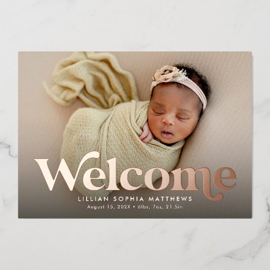 歓迎はっきりしたバラ金ゴールド写真の誕生のお知らせ 箔招待状 (正面)