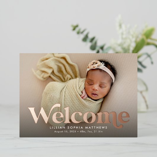 歓迎はっきりしたバラ金ゴールド写真の誕生のお知らせ 箔招待状 (立ち正面)