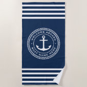 歓迎ボート名のいかりとロープのダークブルー ビーチタオル (正面)