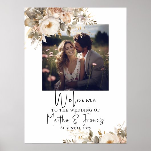 歓迎結婚サイン、写真と水彩花 ポスター (正面)