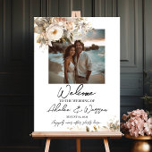 歓迎結婚サイン、写真と水彩花 ポスター