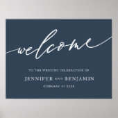 歓迎 |ネイビーブルー書道シンプルの結婚 ポスター (正面)