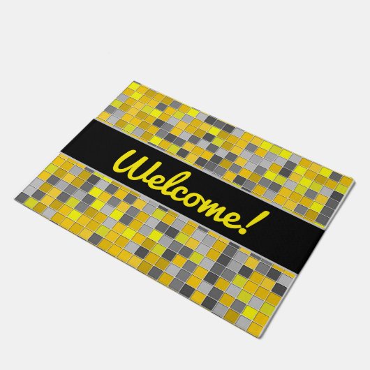 歓迎! + 黄色および灰色は正方形パターンをタイルを張りました ドアマット (アングル)