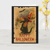 止め枠のこうもりを遊んでいるハッピーハローウィンの黒猫 カード (黄色い花)
