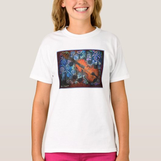 止め枠のバイオリンの女性の長袖のTシャツ Tシャツ (正面)