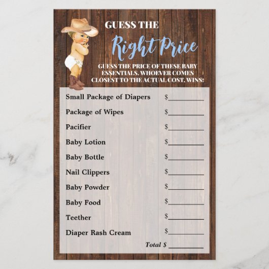 正しい価格カウボーイ赤ちゃんシャワーゲームを推測 チラシ (正面)