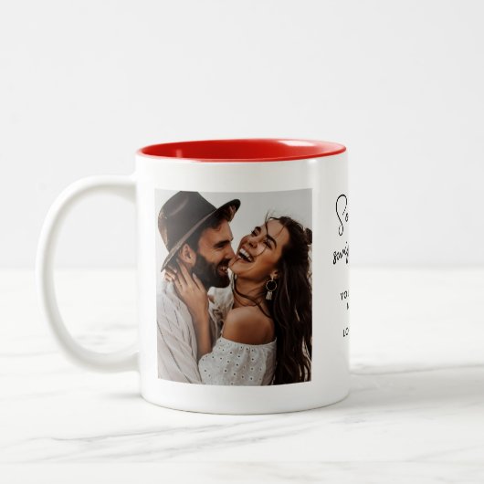 正しい2枚の写真と個人的なメッセージをスワイプして良かった ツートーンマグカップ (左)