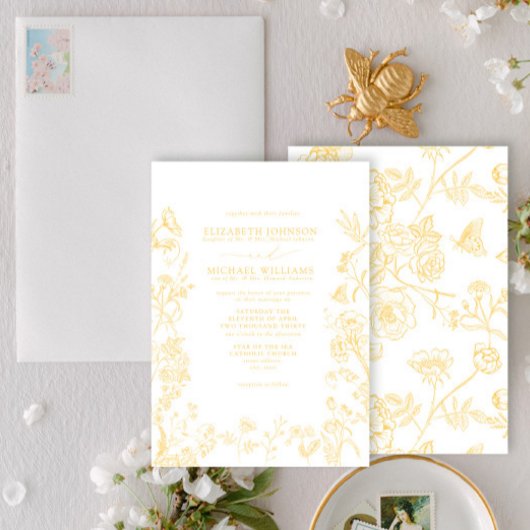 正式なゴールド シノワズリー ヴィクトリアン フラワー ウェディング 招待状