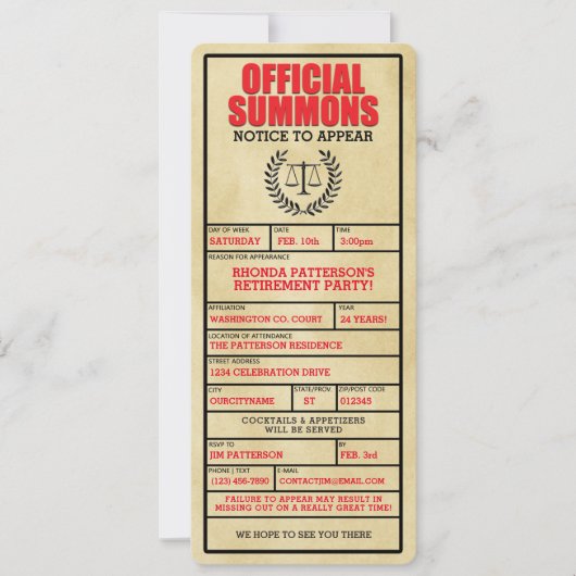 正式な召喚退官パーティの招待状 招待状 (正面)