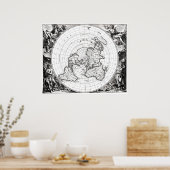 正方形と静止平面地球の飛行機の地図 ポスター (キッチン)