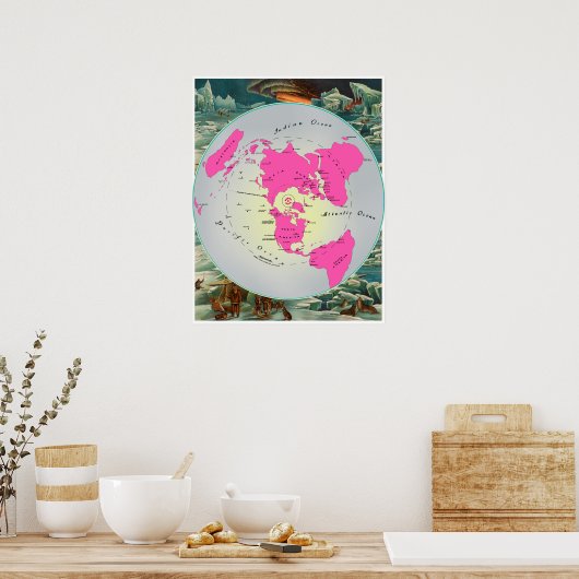 正方形と静止平面地球の飛行機の地図 ポスター (キッチン)