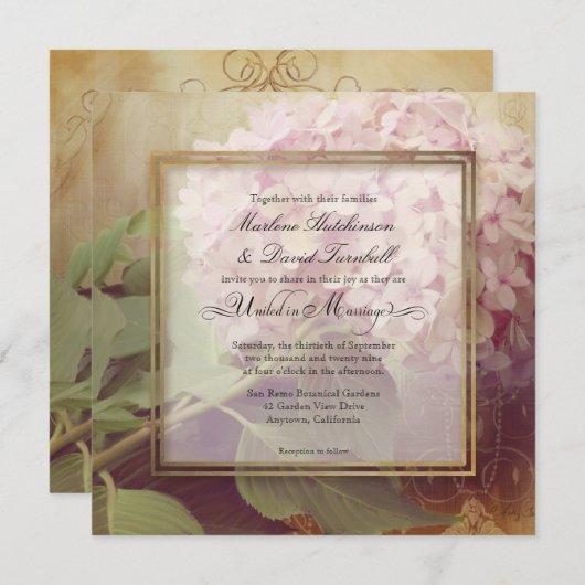 正方形のかわいらしい赤面のピンクのアジサイのヴィンテージの結婚 招待状 (正面/裏面)