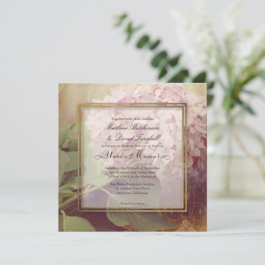 正方形のかわいらしい赤面のピンクのアジサイのヴィンテージの結婚 招待状 (スタンド正面)