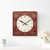正方形のアールデコクロック(濃い赤と金ゴールド) スクエア壁時計 (ホーム)