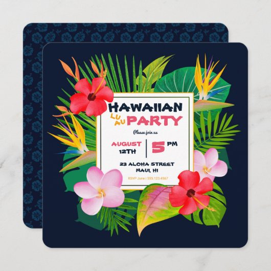 正方形のハワイのルアウ（ハワイ式宴会）のパーティーの濃紺の花の招待 案内状 (正面/裏面)