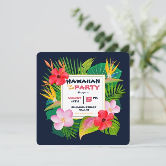 正方形のハワイのルアウ（ハワイ式宴会）のパーティーの濃紺の花の招待 案内状 (スタンド正面)