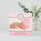 正方形のピンクのダマスク織|の誕生の発表 案内状 (スタンド正面)