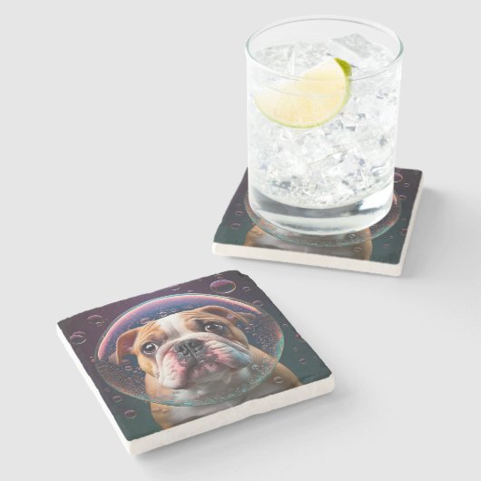 正方形のブルドッグ画像を持つ大理石コースター ストーンコースター (横)