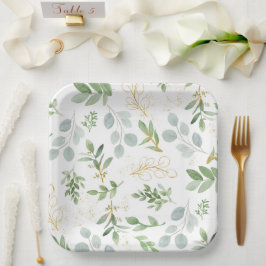 正方形のプレート – 水色の緑とフェイク金ゴールド ペーパープレート