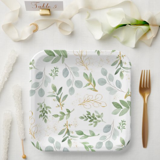 正方形のプレート – 水色の緑とフェイク金ゴールド ペーパープレート (ウェディング)