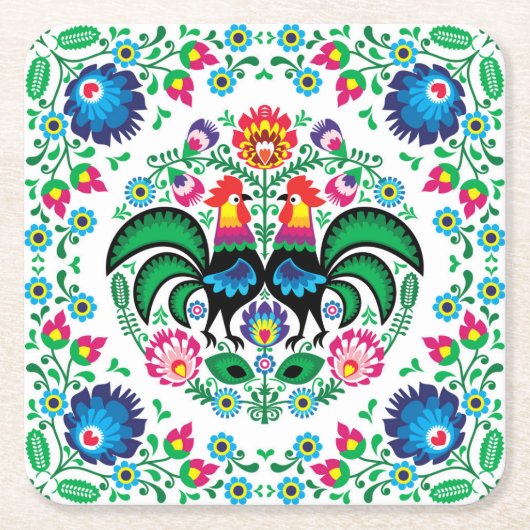 正方形のポーランドのオンドリパターン スクエアペーパーコースター (正面)