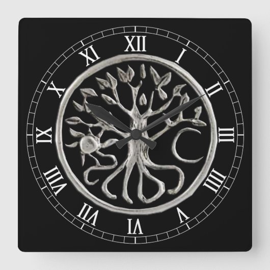 正方形のローマ数字の時計生命の樹 スクエア壁時計 (正面)