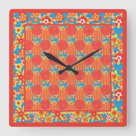 正方形の壁時計、ディッツィオレンジのフローラパッチワーク スクエア壁時計