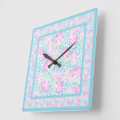 正方形の壁時計、ピンクのバラ、白い蝶 スクエア壁時計 (傾斜)