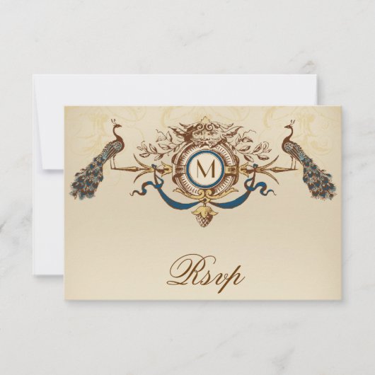 正方形の招待のための孔雀のヴィンテージRSVPカード 出欠カード (正面)