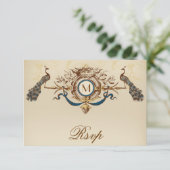 正方形の招待のための孔雀のヴィンテージRSVPカード 出欠カード (スタンド正面)