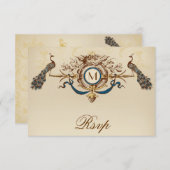 正方形の招待のための孔雀のヴィンテージRSVPカード 出欠カード (正面/裏面)