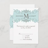 正方形の招待のための青いヴィンテージRSVPカード 出欠カード (正面/裏面)