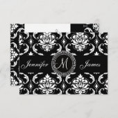 正方形の招待のための黒いダマスク織のイニシャルRSVPカード 出欠カード (正面/裏面)