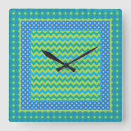 正方形の時計: Mix'Matchシェブロンと水玉模様 スクエア壁時計