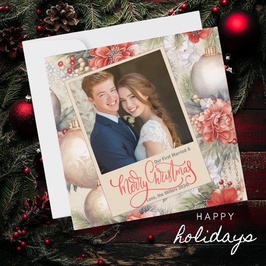 正方形の私たちの初めてのクリスマス写真アイボリー背景 シーズンカード