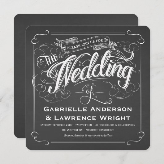 正方形の素朴な黒板の芸術の結婚式招待状 招待状 (正面/裏面)