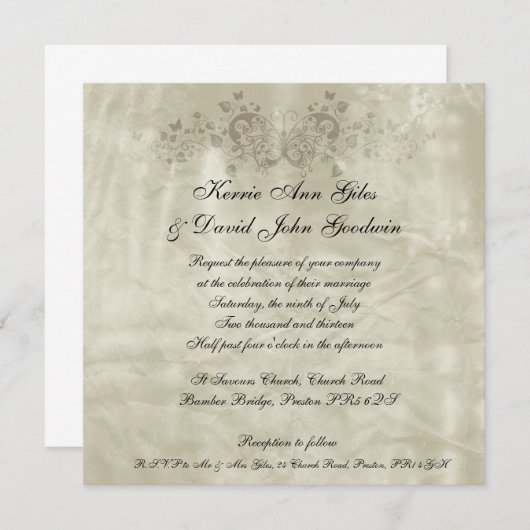 正方形の結婚式招待状のヴィンテージの紙の蝶 招待状 (正面/裏面)